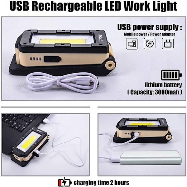 Uppladdningsbar arbetsstrålkastare Campinglampa LED Bärbar konstruktionsarbetslampa 180° roterbar, USB port IPX4 magnetisk bas, bilar, fiske, belysning
