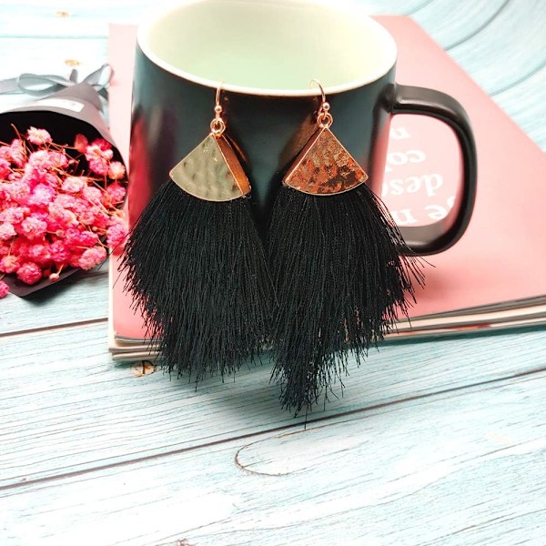 Boheme Silke Tråd Fan Fringe Tassel Statement Øreringe - Letvægts Strand Fjer Form Dangles til Kvinder Piger