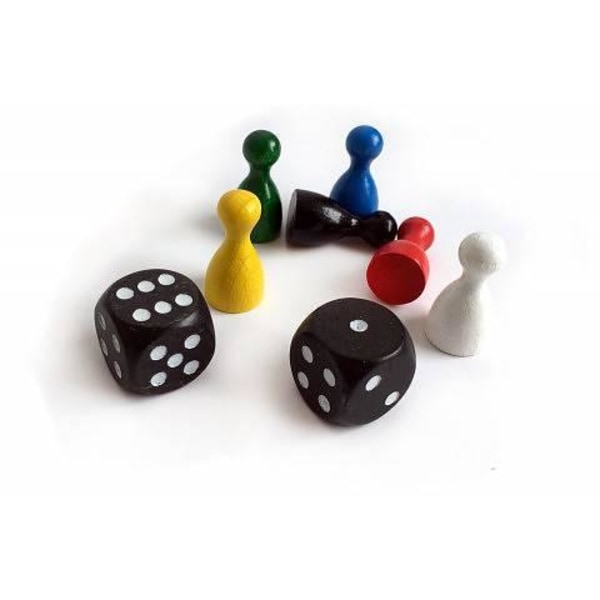 Standard Set med Spelpjäser och Tärningar – 6 Färger + 2 Tärningar i Trä