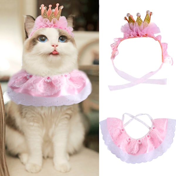 Födelsedagshuvudbonad och halsduk set för husdjur valp katt, söt spetsbandana haklapp halsduk krona hatt prinsesskostym