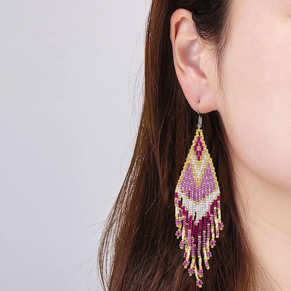Pärlfransade tofspendientes i boho-stil - Handgjorda pärlfransade tofshängeörhängen