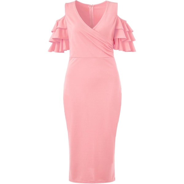 Elegant Sexy Festkjole med Flæsede Ærmer, V-udskæring, Kold Skulder, Midi-Længde, Bodycon