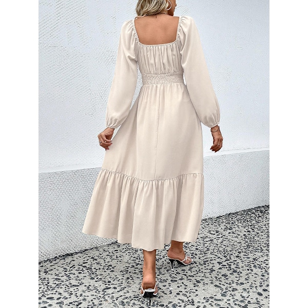 Kvinnors Puff Sleeve Långa Klänningar för Kvinnor Kvadratisk Hals Casual Plisserade Höstklänningar Rynkad Kant Mini Klänning