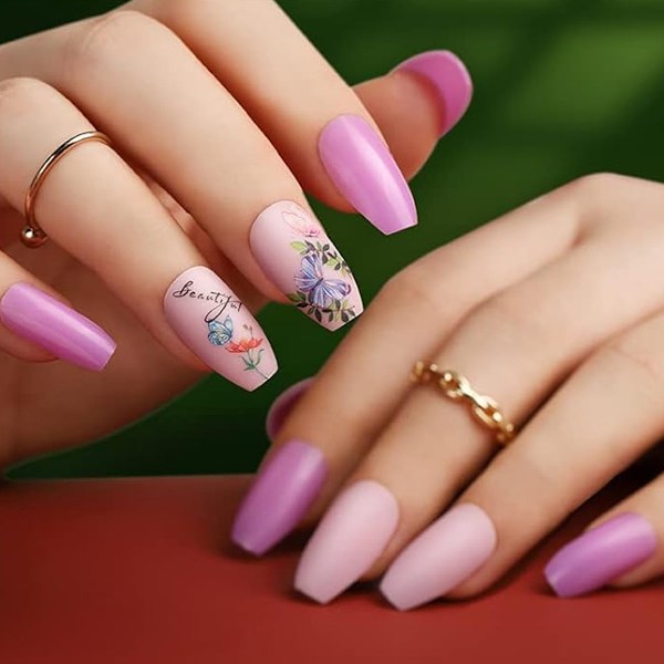 Naglar helt täckta med färgade nagelspetsar, 576 konstgjorda naglar, långa balettkonstgjorda naglar, nagelkonstdekaler DIY konstgjorda naglar