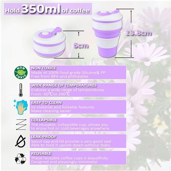 Hopfällbar Kaffekopp i Silikon med Lock, (350 ml Bärbar Återanvändbar Kaffekopp), Resefällbar Silikon Drickskaffekopp, Vikbar Kaffekopp