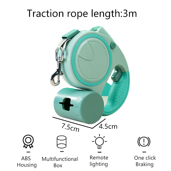 Inntrekkbar Hundeleie med LED-lommelykt, 360° Tanglefri Lang Leie med Poop Bag Dispenser (Grønn)