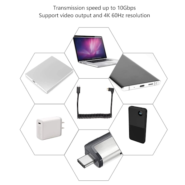 USB-C Kabel USB-C till USB-C 14K 60Hz 3A Snabbladdning 10 Gbps 1,2 m Spiraldesign USB-C Strömledning Han-sida Böjd till Han-sida Rak Kontakt
