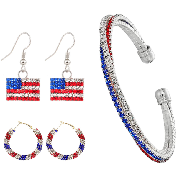 USA American Flag Armband och örhängen för kvinnor, Röd Blå