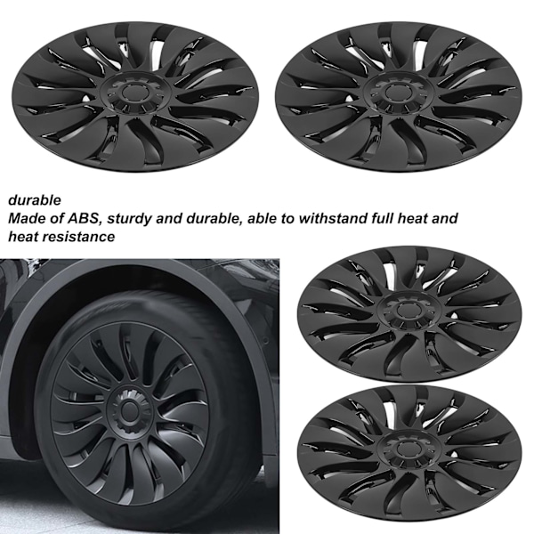 4 stk. Hjulnavkapsel Symmetrisk Glans Sort Bil Hjulkapsel Udskiftning til Tesla Model Y 19 Tommer Hjul 2020 til 2023