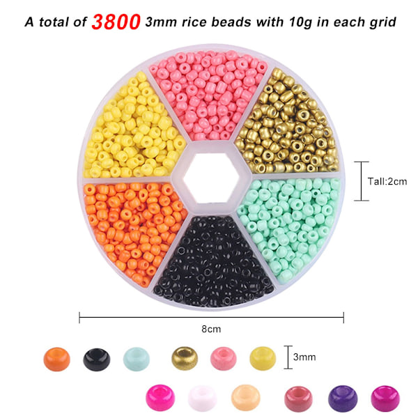3800 stk Glasfrøperler, 3mm Armbåndsperler Sæt, Assorterede Glasperler med Plastik Opbevaringsboks