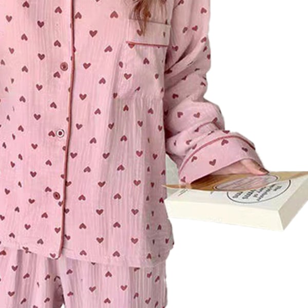 Dam Pyjamas Set med Knappar Långärmad Hjärtmönster Nedåtvänd Krage Lös Mjuk Dam Nattkläder för Vår Höst Hem Rosa M