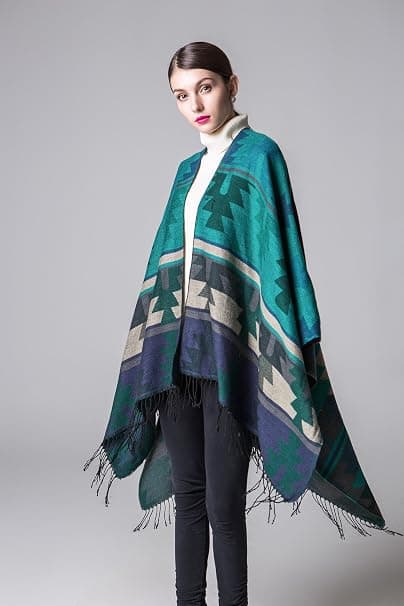 130 x 150 cm Dame Vinter Stor Rutete Poncho Cape Blå