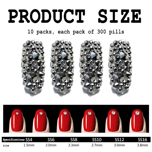 3000 Stykker Krystal Negle Rhinestones Runde Perler Flatback Glas Charms Ædelstene Stene
