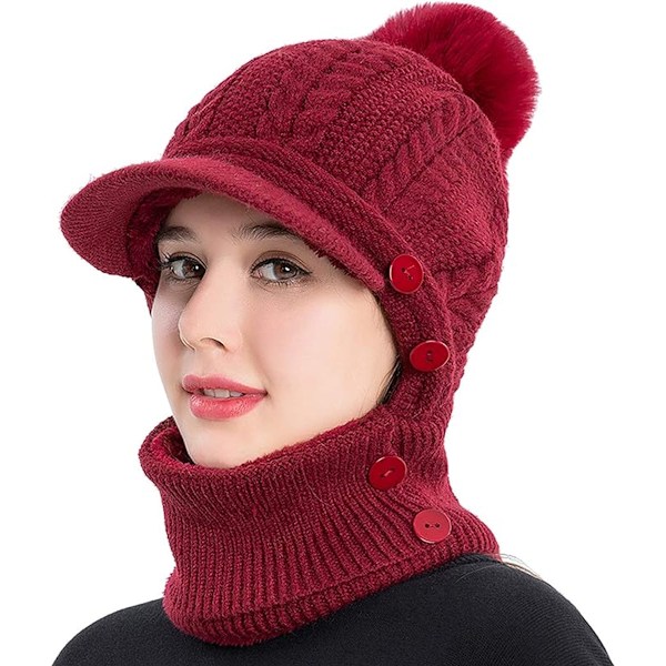 Vinterlue for kvinner, endelte fleecefôret strikkede balaklavaer maske sett skalle nakke sirkel skjerf ski snø lue med pompom