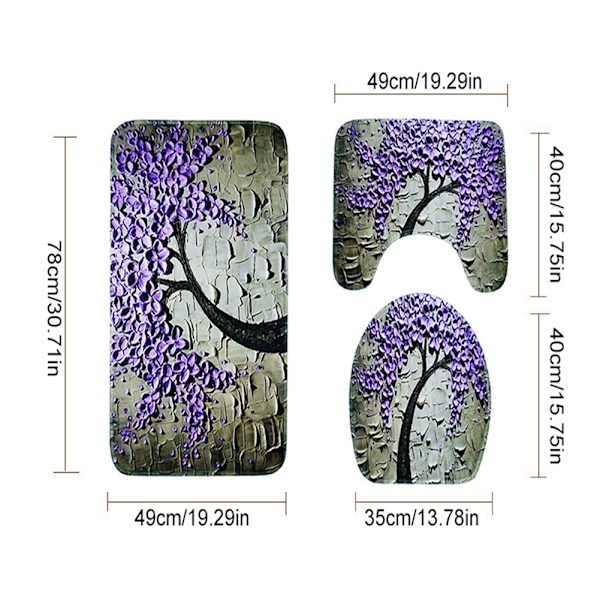 3-delt sett med 3D blomstertrykk støvtett vannabsorberende baderomsteppe (lilla)