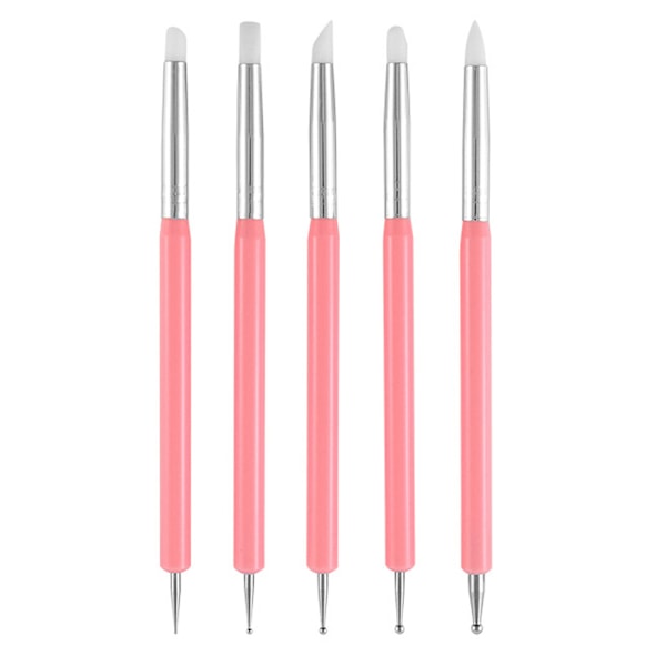 5-pack Nagelkonst Dotting Verktyg Penna Dubbelhuvud Carving Penna Nagel Silikon Borstar Set