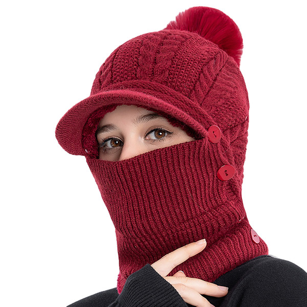 Vinterlue for kvinner, endelte fleecefôret strikkede balaklavaer maske sett skalle nakke sirkel skjerf ski snø lue med pompom