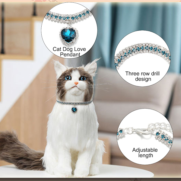 Rhinestone Hundekæde Halsbånd, 2 stk. Katte Tre Rækker Rhinestone Halskæde med Hjertevedhæng Justerbar Krystal Kattehalsbånd