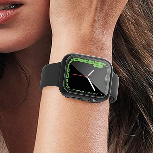 2 kpl Suojakotelo sisäänrakennetulla näytönsuojalla Apple Watch 44 mm -kokoon – Täyspeittävä suoja karkaistulla lasilla, helppo asennus (musta)
