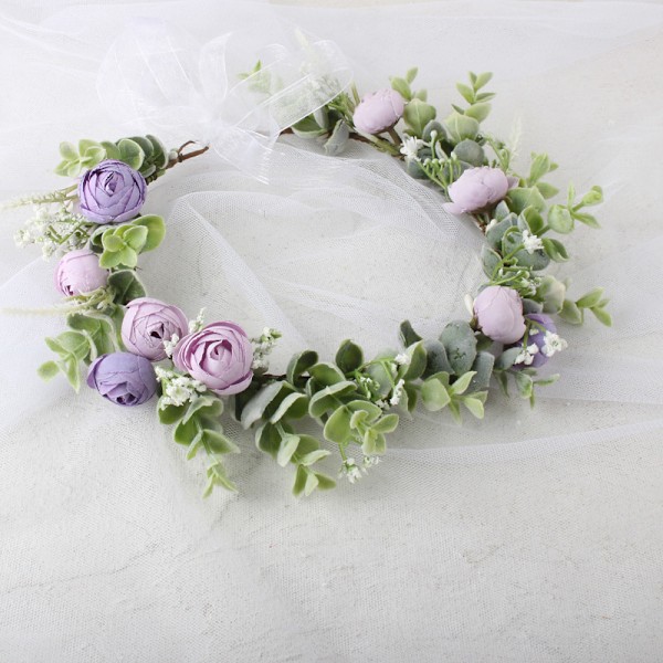 Blomsterkrans for høstbryllup - Kunstig baby's breath, lilla brudehodepynt, grønn krans