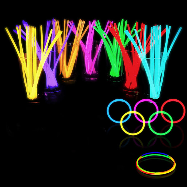 100 Lysstavar i Bulk - Glow in The Dark Partytillbehör - Partypaket med 8 tum Lysstavar och Kopplingar för Armband och Halsband för Barn och