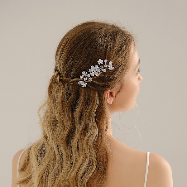 Bröllopshårkam med Falska Pärlor, Kristaller, Brudhåraccessoarer, Sida Hårkam, Klämmor, U-formad Blomma, Rhinestone Hårklämmor