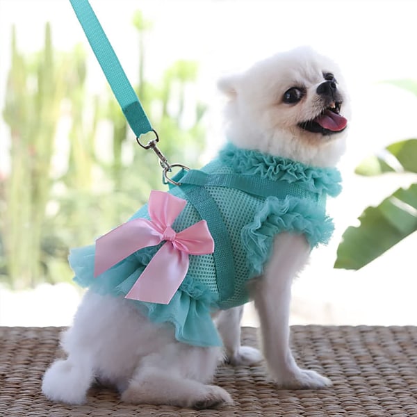 Liten hundsele och koppel set ingen drag valp väst selar mjuk justerbar andningsbar mesh söt rosett husdjur hundsele klänning