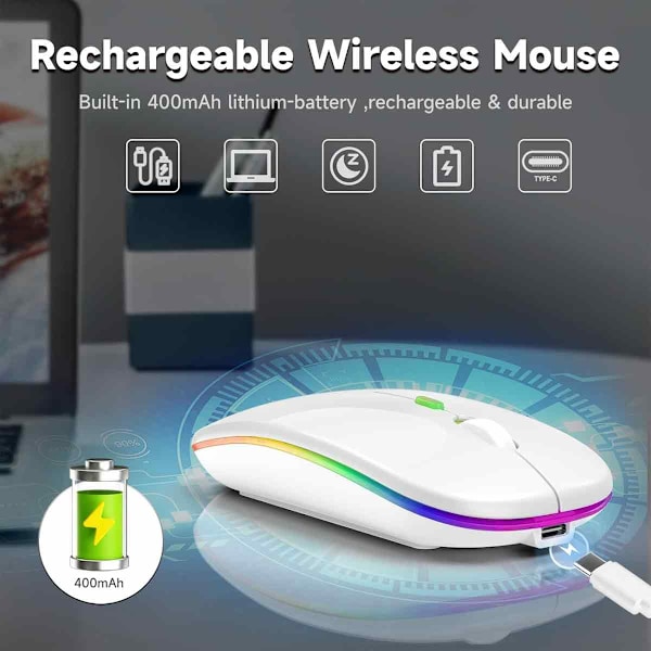 Langaton PC-hiiri Bluetooth ja langaton yhteys tietokoneelle, kannettavalle tietokoneelle ja MAC:lle, latautuva LED
