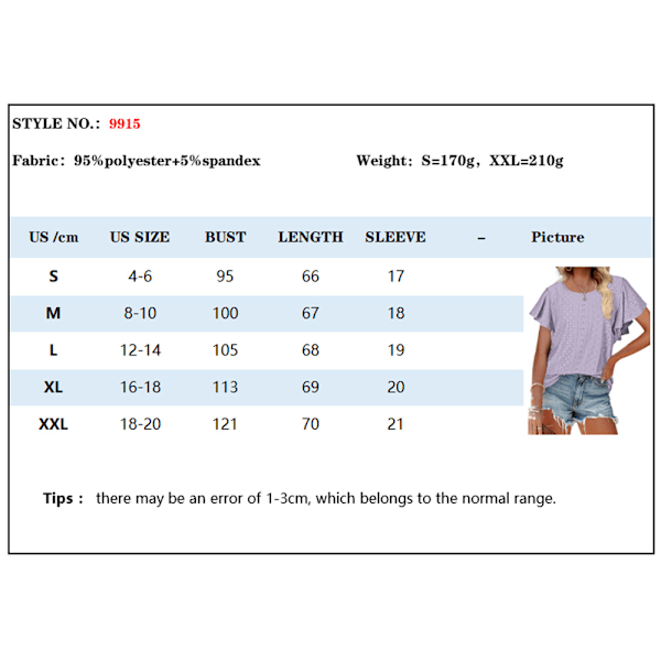 Dame T-shirt Hullet Talje Ruffle Ærme Casual Top (Mørkerød)