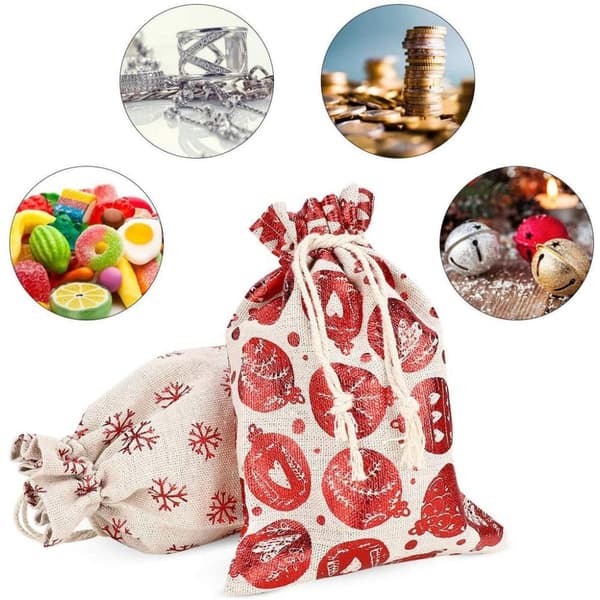 Reusable Burlap Drawstring Bags, Eco-Friendly Christmas Theme Canvas, Versatile Function with Breathability, 24 Pcs