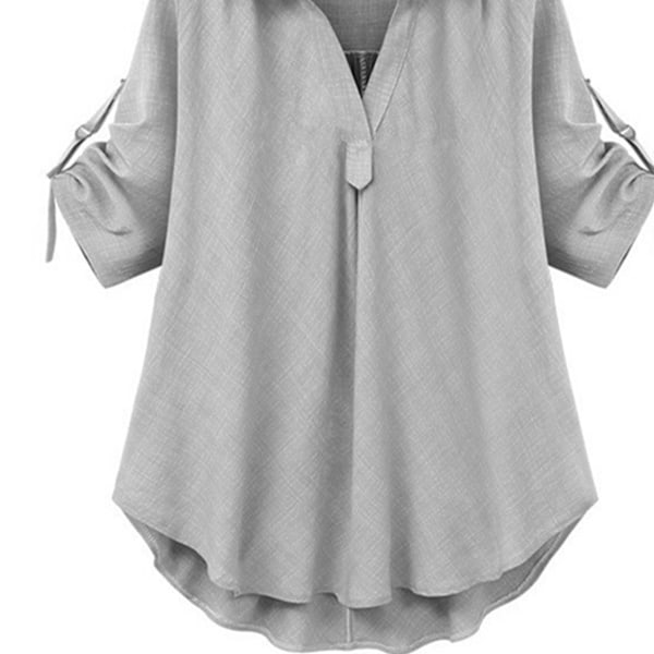 Dam Blus för Affärer, Casual, V-ringad, 3/4-ärmar med Manschetter, Nedvikt Krage, Hög-Låg Kant, Arbetsblus, Ljusgrå, 2XL