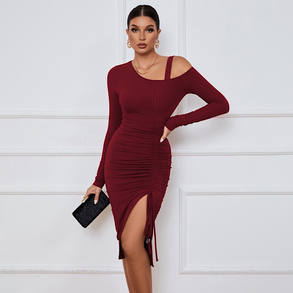 En axel långärmad cocktailklänning Sexig Ribb-stickad Slit Ruched Bodycon Bröllopsgäst Maxi Klänningar