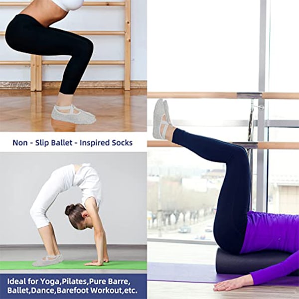 3 Par Yoga Sokker for Kvinner med Sklisikre Grep & Stropper, Ideelle for Pilates, Pure Barre, Ballet, Dans, Barefoot Trening