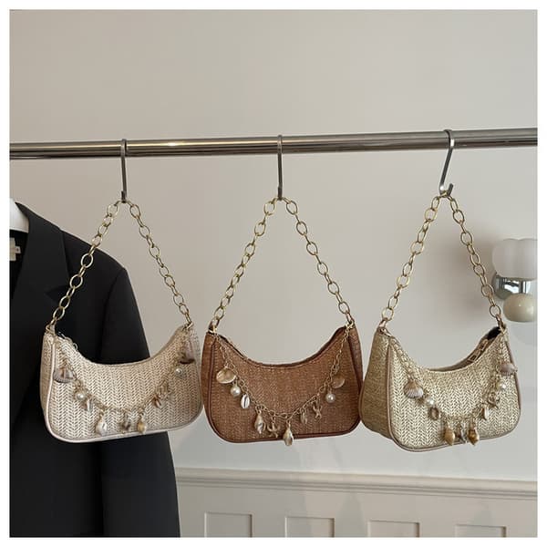 Casual Style Straw Shoulder Bag with Shell Embellished Chain and Shoulder Strap