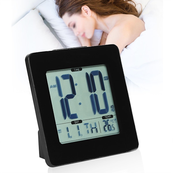 Blå Baggrundsbelyst LCD Digitalt Vækkeur Kalender Temperaturvisning Sort