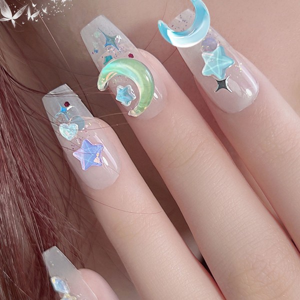 60 stk Auroral Mocha negler 3D skinnende Månestykke Flat Bunn negl diamantpynt