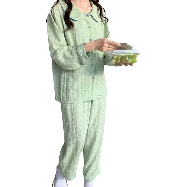 Dam Pyjamas Set med Långärmad, Söt Liten Grön Hjärtatryck, 2-Delar, Sovrumskläder för Höst/Vinter, Grön, Storlek M