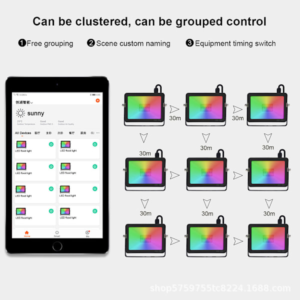 30W RGB LED-strålkastare, Bluetooth APP-kontrollfärgskiftande LED-strålkastare, musiksynkronisering, timing, 2700K varmvit, IP66 vattentät utomhus