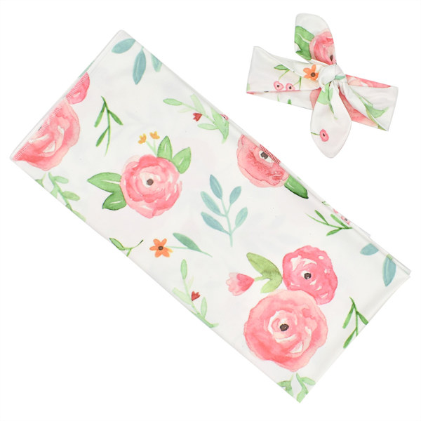 Super Mjuk Blomma Mönster Nyfödd Babyfilt Wrap Swaddle Sovsäck med Hårsnodde (#4)