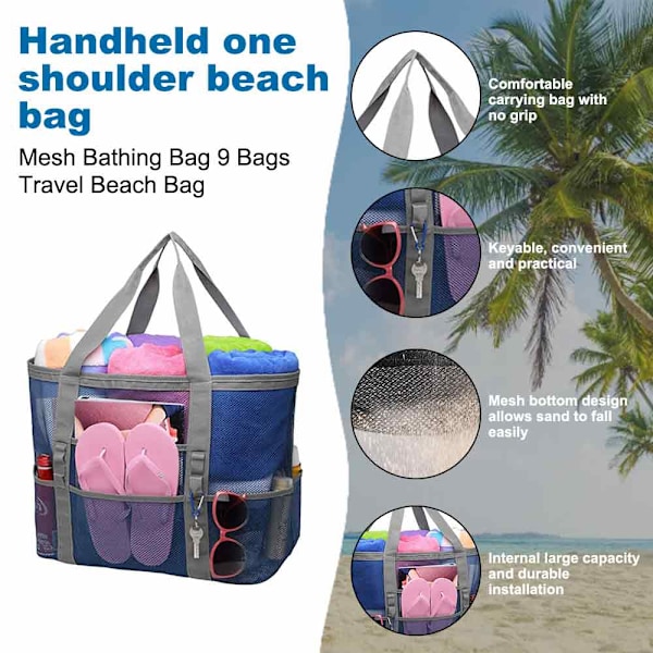 Stor Strandväska Poolväskor, Mesh Strandväska för Leksaker, Handduk, Flip Flops, Strandväska, 42*38*20cm