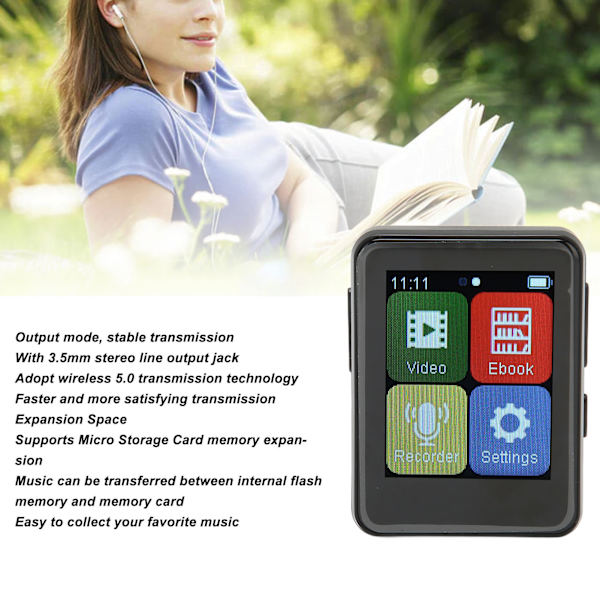 MP3-spelare Bluetooth 5.0 Intelligent HD Brusreducering FM-radio E-bok 1,8 tum Full pekskärm MP3-spelare Svart 64 GB minneskort