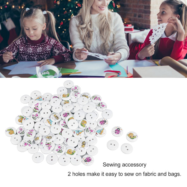 100 st 0,6 tum Blandade Tryckta Träknappar DIY Hantverk Knappar Dekorativa Runda Knappar för Sömnad Hantverk Vit Bakgrund Bin Fjärilar
