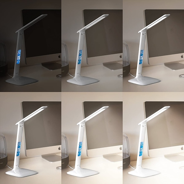 LED-bordslampa med trådlös laddare, USB laddningsport, justerbar hopfällbar bordslampa med klocka, larm, datum, temperatur, 5-nivåer dimbar