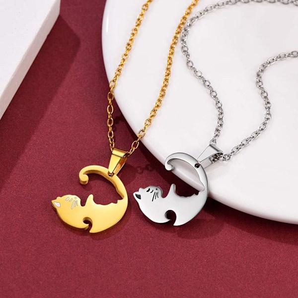 Parhalsband för par, rostfritt stål, matchande för pojkvän och flickvän, enkel söt katt hjärta yin yang halsband för par