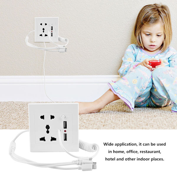 Vägguttag med strömbrytare, eluttag med 2 USB-portar (3-i-1 USB-kabel)