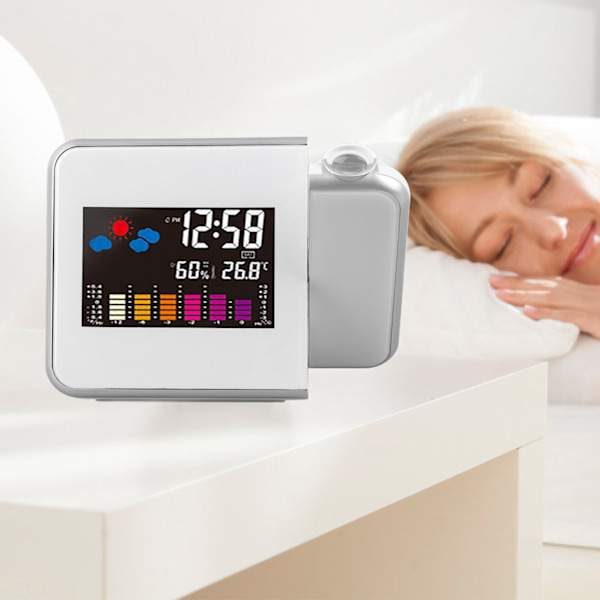 Vit Projektions Elektronisk Klocka Hushålls Bärbar Skrivbords Elektronisk Väckarklocka med Temperatur Fuktighet Display för Kontor Sovrum