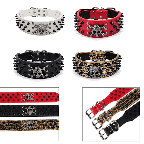 Berry Spike Läder Hundhalsband - 3 Rader Bullet Nitar Nitar PU Läder - Cool Skelett husdjurstillbehör