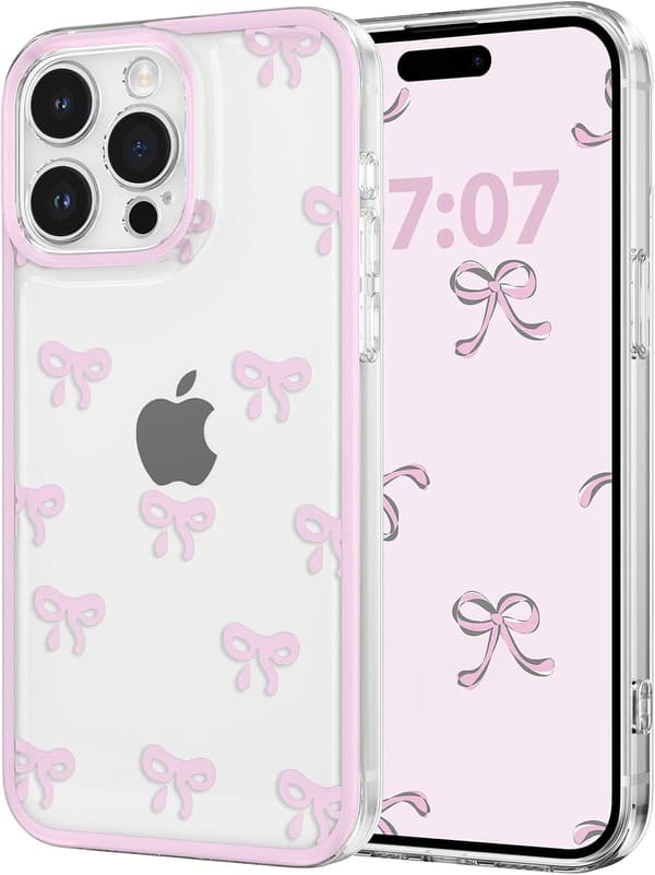 Gennemsigtigt iPhone 15 Pro Cover med Sløjfebånd & Kamerabeskyttelse - Rosa iPhone 15PRO