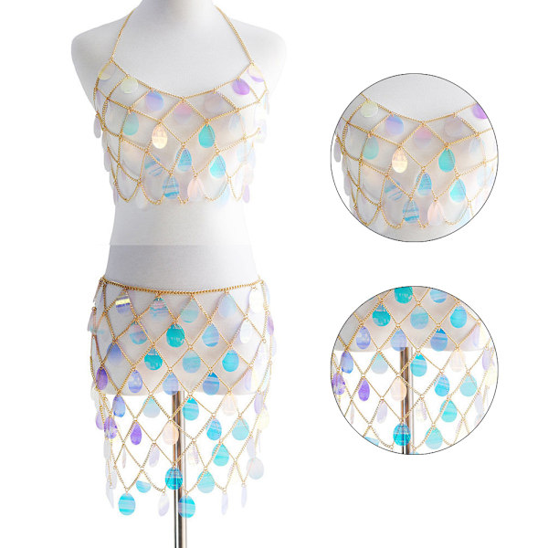 Kropkæde Sexy Bikini BH Krop Halter Rygløs Paljetter Talje Kæde Skørt Strand Krops Tilbehør Smykker