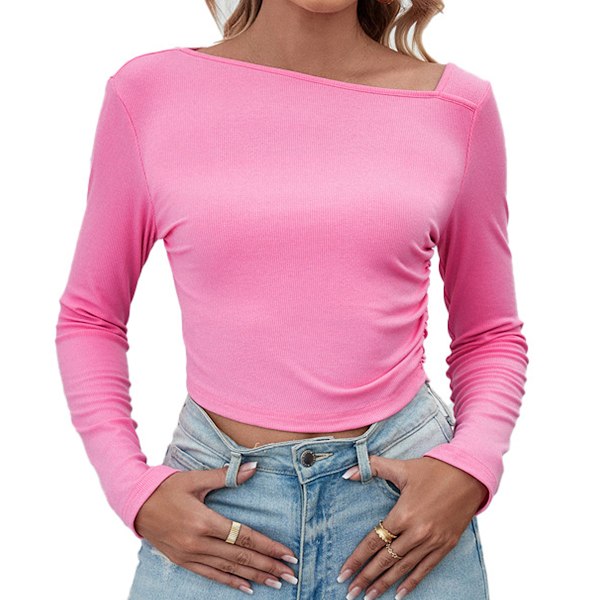 Lys Pink Kvinders Sexy Asymmetrisk Hals Langærmet Ribbet Slim Fit Stram T-Shirt Crop Tops